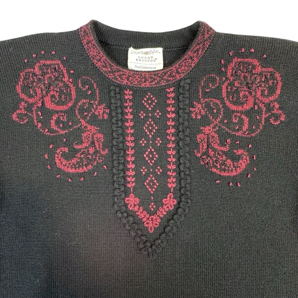 Vintage Susan Bristol Hand Embroidered Sweater Womens Med/EU 38 Black Red Wool - Picture 4 of 14